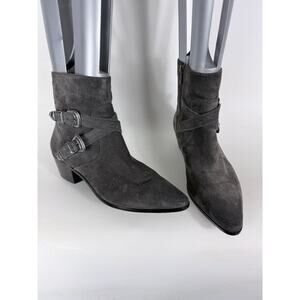 Frye Ellen Booties Womens 9 Gray Suede Ankle Strap Point Toe Zipper Western Boot